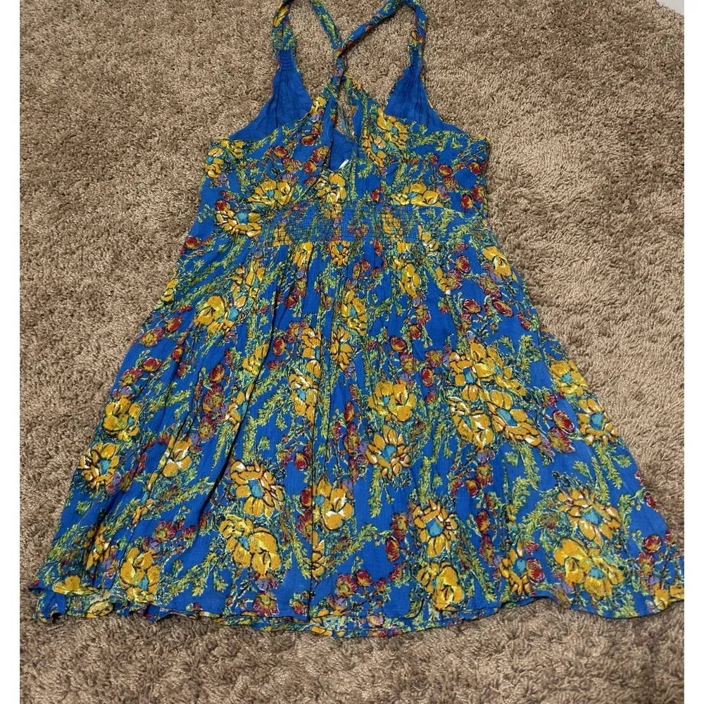 Free People Mini Dress Womens S Blue Washed Ashore Floral Open Back Party Boho